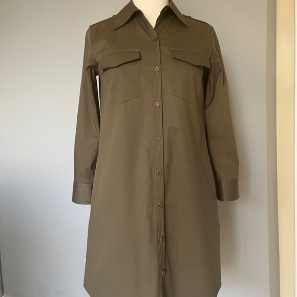 Theory Military Green Long Roll up Sleeve Button Up Cotton Casual Collared Dress - Picture 2 of 11